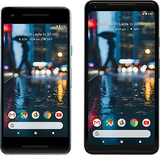 front view of Google Pixel 2  and Pixel 2 XL, with displays showing home screen   